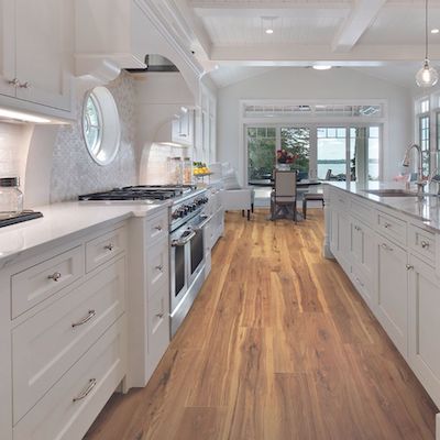 wood look laminate flooring in a open kitchen